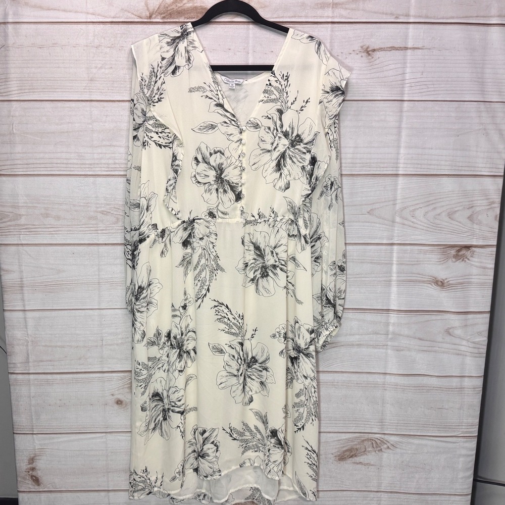 Ophelia Roe Cream Floral Ruffle V-Neck Long Sleeve Midi Dress Plus Size 3X